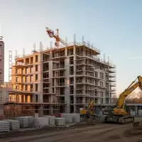 Halbfertiges Wohngebäude auf einer Berliner Baustelle mit Betonstrukturen und Baukränen bei Sonnenuntergang. - Foto: über boerse-global.de
