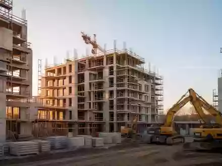 Halbfertiges Wohngebäude auf einer Berliner Baustelle mit Betonstrukturen und Baukränen bei Sonnenuntergang. - Foto: über boerse-global.de