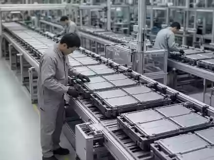 Arbeiter in einer modernen Produktionsanlage für Elektrofahrzeug-Batterien bei der Qualitätskontrolle. - Foto: über boerse-global.de