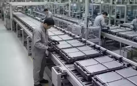 Arbeiter in einer modernen Produktionsanlage für Elektrofahrzeug-Batterien bei der Qualitätskontrolle. - Foto: über boerse-global.de