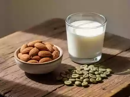 Eine Nahaufnahme von Mandeln, einem Glas Milch und rohen Kaffeebohnen auf einem Holztisch bei natürlichem Tageslicht. - Foto: über boerse-global.de