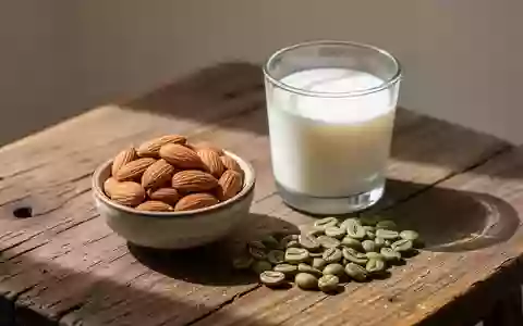 Eine Nahaufnahme von Mandeln, einem Glas Milch und rohen Kaffeebohnen auf einem Holztisch bei natürlichem Tageslicht. - Foto: über boerse-global.de