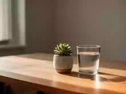 Ein minimalistischer, aufgeräumter Schreibtisch mit einer kleinen Sukkulente und einem Glas Wasser in sanftem Tageslicht. - Foto: über boerse-global.de