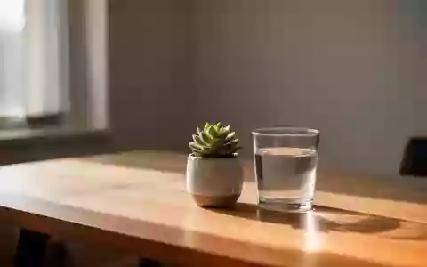Ein minimalistischer, aufgeräumter Schreibtisch mit einer kleinen Sukkulente und einem Glas Wasser in sanftem Tageslicht. - Foto: über boerse-global.de