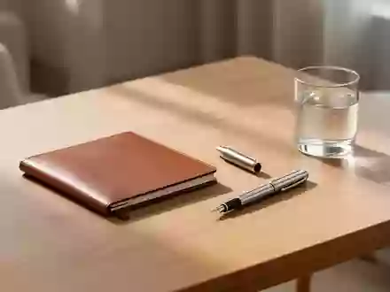 Ein minimalistisch gestalteter, aufgeräumter Schreibtisch mit einem Notizbuch und einem Stift in natürlichem Tageslicht. - Foto: über boerse-global.de