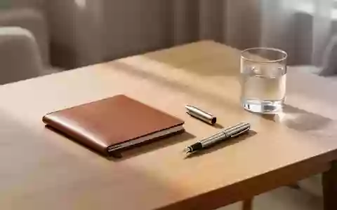 Ein minimalistisch gestalteter, aufgeräumter Schreibtisch mit einem Notizbuch und einem Stift in natürlichem Tageslicht. - Foto: über boerse-global.de