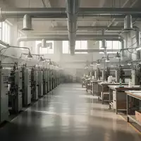 Innenansicht einer modernen Textilfabrik mit industriellen Anlagen, Belüftungssystemen und Arbeitsplatzbeleuchtung. - Foto: über boerse-global.de