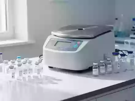 Ein steriler, heller Laborraum mit Zentrifuge und Glasphiolen auf einer weißen Oberfläche, die eine medizinische Diagnostik symbolisieren. - Foto: über boerse-global.de