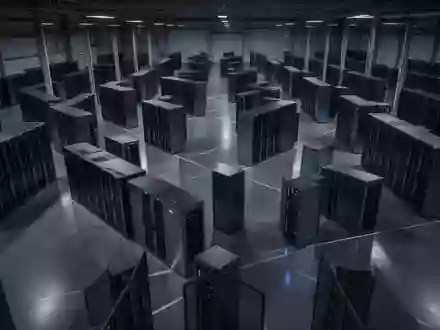 Eine weitlĂ€ufige, modern gestaltete Serverhalle mit symmetrisch angeordneten, dunklen MetallschrĂ€nken in einer Industrieumgebung. - Foto: ĂŒber boerse-global.de