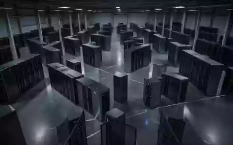 Eine weitläufige, modern gestaltete Serverhalle mit symmetrisch angeordneten, dunklen Metallschränken in einer Industrieumgebung. - Foto: über boerse-global.de