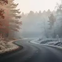 Eine neblige, von Frost überzogene Landstraße in einer herbstlichen Waldlandschaft. - Foto: über boerse-global.de