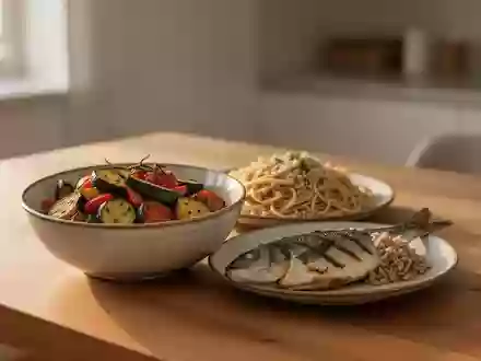 Eine Schüssel mit Ofengemüse, Fisch und Vollkornnudeln auf einem Holztisch bei natürlichem Tageslicht. - Foto: über boerse-global.de