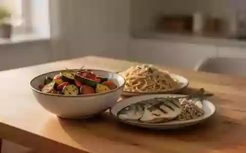 Eine Schüssel mit Ofengemüse, Fisch und Vollkornnudeln auf einem Holztisch bei natürlichem Tageslicht. - Foto: über boerse-global.de