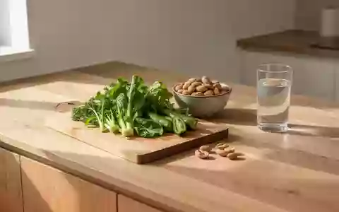 Ein minimalistisch gestaltetes Küchendesign mit frischem Gemüse, Nüssen und einem Glas Wasser in hellem Tageslicht. - Foto: über boerse-global.de