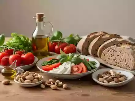 Ein gesundes, mediterranes Gericht mit frischem Gemüse, Olivenöl und Nüssen auf einem Holztisch bei natürlichem Licht. - Foto: über boerse-global.de