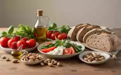 Ein gesundes, mediterranes Gericht mit frischem Gemüse, Olivenöl und Nüssen auf einem Holztisch bei natürlichem Licht. - Foto: über boerse-global.de