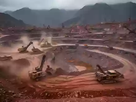 Großer Tagebau in den peruanischen Anden mit schweren Baumaschinen bei bewölktem Himmel. - Foto: über boerse-global.de