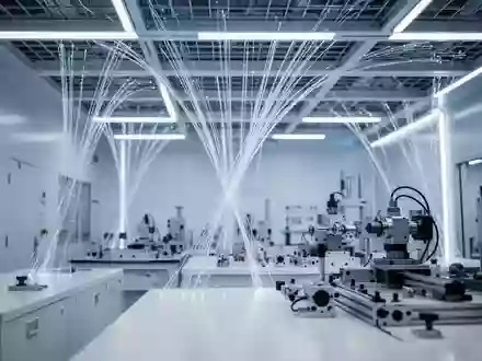 Ein hochmodernes technisches Labor mit leuchtenden Glasfaserkabeln in einer strukturierten Decke und einer sauberen, minimalistischen Umgebung. - Foto: über boerse-global.de