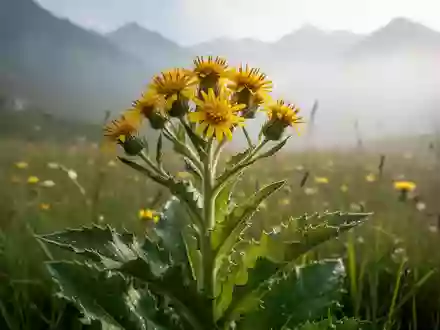 Nahaufnahme der Inula nervosa Pflanze mit gelben Blüten in einer bergigen Landschaft. - Foto: über boerse-global.de