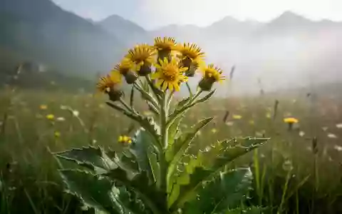 Nahaufnahme der Inula nervosa Pflanze mit gelben Blüten in einer bergigen Landschaft. - Foto: über boerse-global.de