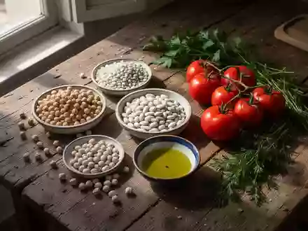 Frische mediterrane Zutaten wie Hülsenfrüchte, Tomaten, Olivenöl und Kräuter auf einem rustikalen Holztisch. - Foto: über boerse-global.de