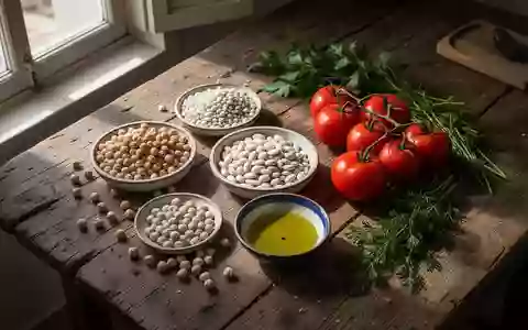 Frische mediterrane Zutaten wie Hülsenfrüchte, Tomaten, Olivenöl und Kräuter auf einem rustikalen Holztisch. - Foto: über boerse-global.de