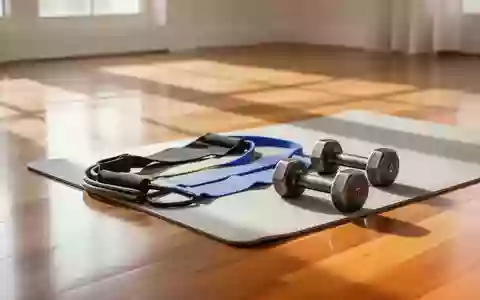 Fitness-Equipment wie Widerstandsbänder und Hanteln auf einer Trainingsmatte in einem hellen, minimalistischen Raum. - Foto: über boerse-global.de