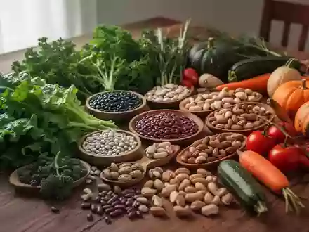 Eine Auswahl an frischem Gemüse, Hülsenfrüchten und Nüssen auf einem Holztisch, die eine gesunde Ernährung symbolisieren. - Foto: über boerse-global.de