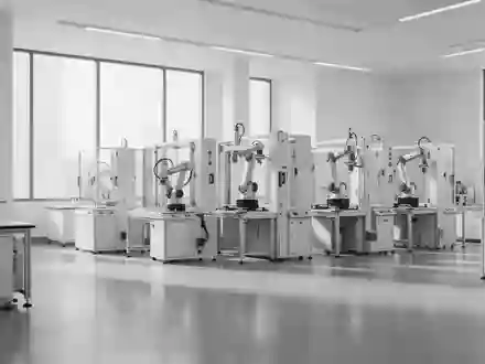 Ein minimalistisches, modernes Robotik-Labor mit sauberen Arbeitsstationen und hellem Tageslicht. - Foto: über boerse-global.de