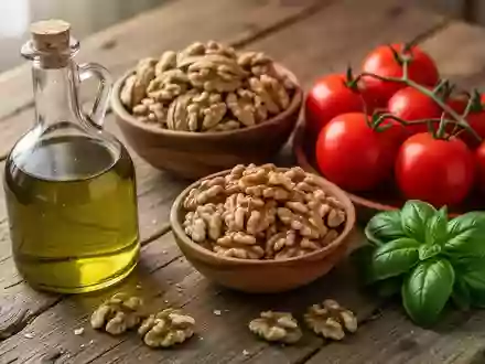 Frische mediterrane Lebensmittel wie Olivenöl, Walnüsse und Tomaten auf einem rustikalen Holztisch. - Foto: über boerse-global.de