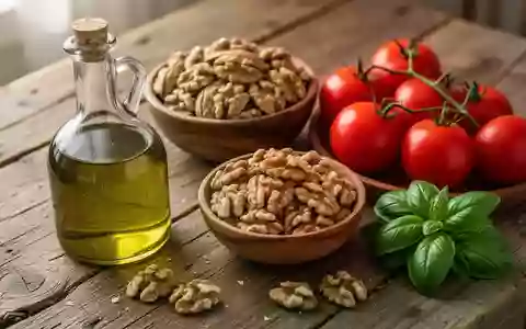 Frische mediterrane Lebensmittel wie Olivenöl, Walnüsse und Tomaten auf einem rustikalen Holztisch. - Foto: über boerse-global.de