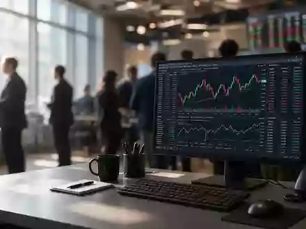 Ein moderner Arbeitsplatz mit Finanzdiagrammen auf einem Monitor in einem professionellen Bürogebäude. - Foto: über boerse-global.de