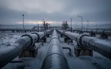 Industrielle Erdgaspipelines in einer frostigen Winterlandschaft bei Dämmerung. - Foto: über boerse-global.de