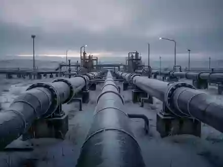 Industrielle Erdgaspipelines in einer frostigen Winterlandschaft bei Dämmerung. - Foto: über boerse-global.de