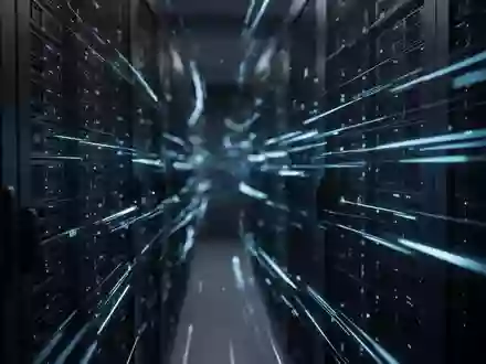 Abstrakte Darstellung einer digitalen Infrastruktur mit blauen Lichtspuren in einem dunklen Serverraum. - Foto: über boerse-global.de