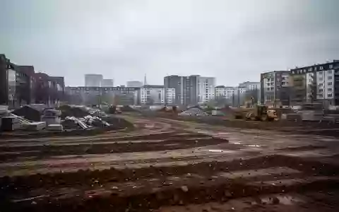 Eine leere Baustelle in einem Hamburger Stadtgebiet mit aufgeschütteter Erde und Baumaterialien vor einer Häuserzeile. - Foto: über boerse-global.de