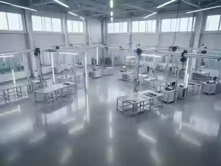 Eine moderne, weitläufige Industriehalle mit poliertem Betonboden und minimalistischen Arbeitsstationen in einer Fertigung. - Foto: über boerse-global.de