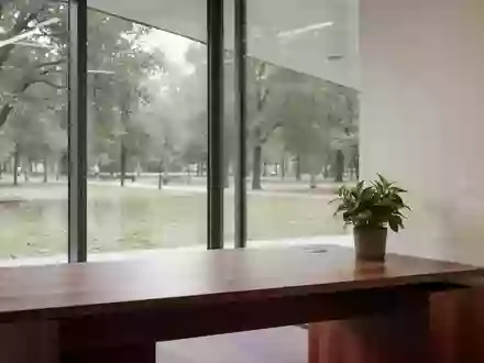 Ein minimalistisches, leeres Büro mit einem Schreibtisch und einer Pflanze vor einem Fenster mit Blick ins Grüne. - Foto: über boerse-global.de