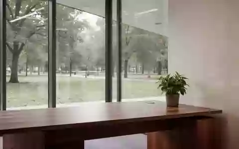 Ein minimalistisches, leeres Büro mit einem Schreibtisch und einer Pflanze vor einem Fenster mit Blick ins Grüne. - Foto: über boerse-global.de
