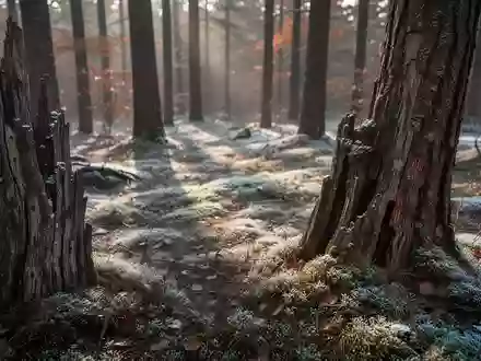 Nahaufnahme einer herbstlichen Waldlandschaft mit Fokus auf Texturen von Baumrinde und Moos bei natürlichem Licht. - Foto: über boerse-global.de