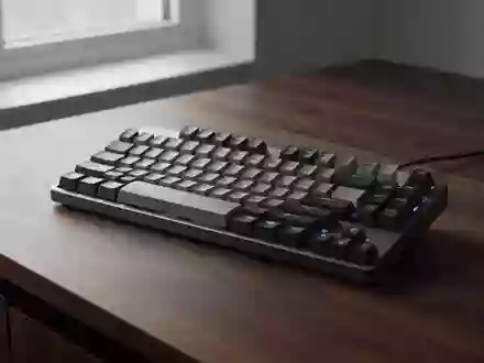 Eine hochwertige mechanische Tastatur auf einem dunklen Holztisch in natürlichem Licht. - Foto: über boerse-global.de