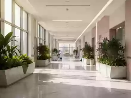 Ein moderner, lichtdurchfluteter Flur in einem Krankenhaus in Abu Dhabi mit minimalistischer Architektur und Pflanzen. - Foto: über boerse-global.de
