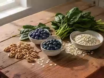 Frische Lebensmittel wie Walnüsse, Heidelbeeren, Spinat und Haferflocken auf einem Holztisch bei natürlichem Licht. - Foto: über boerse-global.de