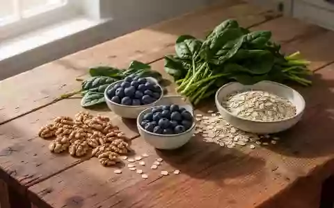 Frische Lebensmittel wie Walnüsse, Heidelbeeren, Spinat und Haferflocken auf einem Holztisch bei natürlichem Licht. - Foto: über boerse-global.de