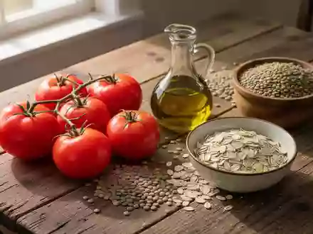 Frische Tomaten, Olivenöl, Linsen und Haferflocken auf einem Holztisch als Symbol für eine ausgewogene Nährstoffkombination. - Foto: über boerse-global.de