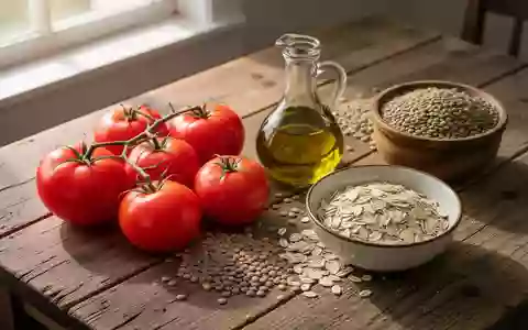 Frische Tomaten, Olivenöl, Linsen und Haferflocken auf einem Holztisch als Symbol für eine ausgewogene Nährstoffkombination. - Foto: über boerse-global.de