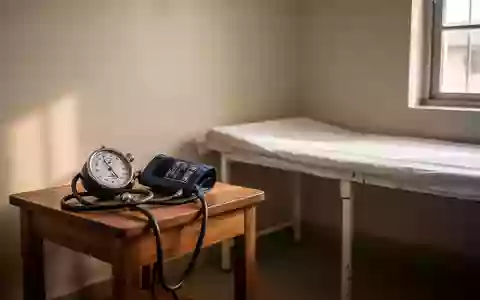 Ein minimalistischer medizinischer Untersuchungsraum mit einem klassischen Blutdruckmessgerät auf einem Holztisch. - Foto: über boerse-global.de