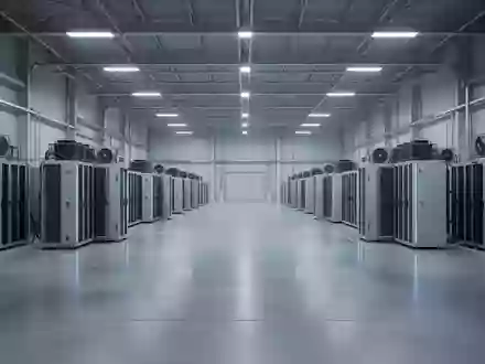 Eine weitläufige, minimalistische Industriehalle mit Server-Infrastruktur und kühler, professioneller Beleuchtung. - Foto: über boerse-global.de