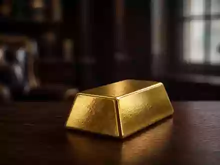 Ein einzelner Goldbarren auf einem dunklen Holztisch in einem professionellen Büro. - Foto: über boerse-global.de