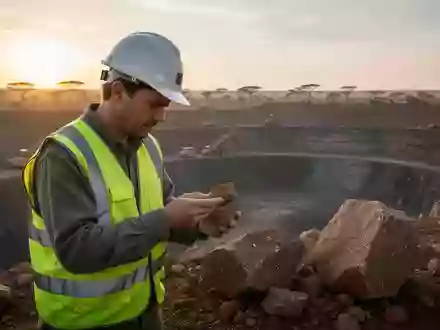 Ein Geologe untersucht Gesteinsproben in einem Goldminenareal bei Sonnenaufgang. - Foto: über boerse-global.de